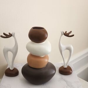 Stacked Stone Sculpture with Deer Figurines